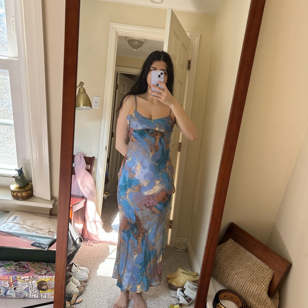 Blue/Gold/Bronze Cloudy Marble Silk Maxi Dress